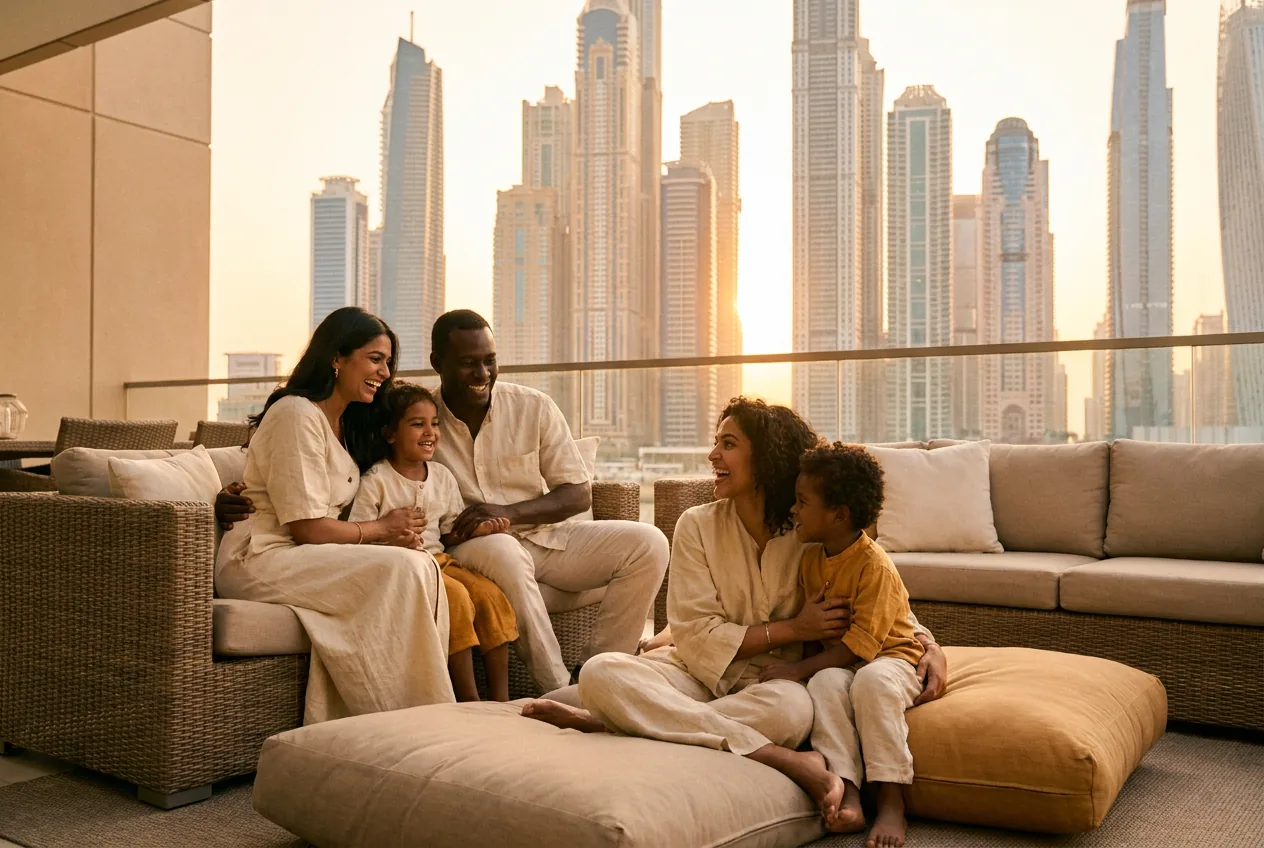 Family on a terrace overlooking the Dubai Marina skyline at sunset